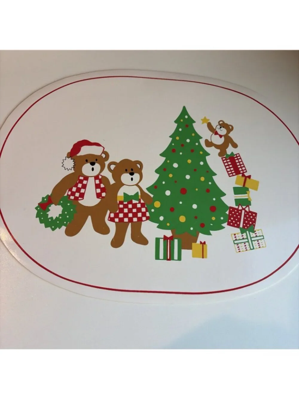 VTG Christmas Teddy Bear Placemat Set of 6 Vinyl Holiday Kitschy 80s 90s Retro